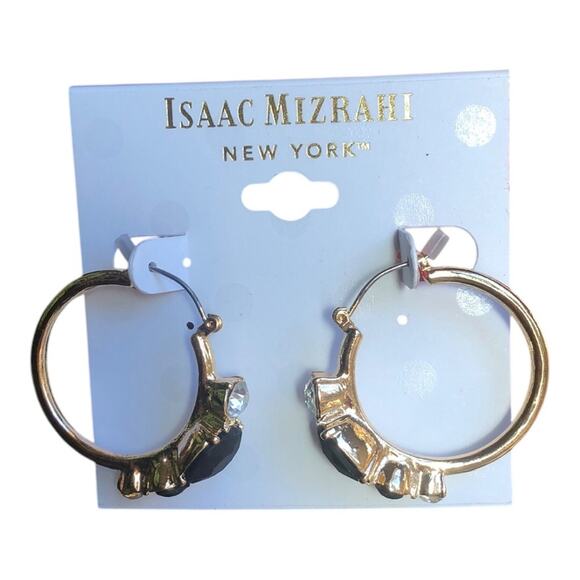 Isaac Mizrahi NWT Gold Tone Clear Rhinestones Black Stones Hoop Earrings - Picture 1 of 10